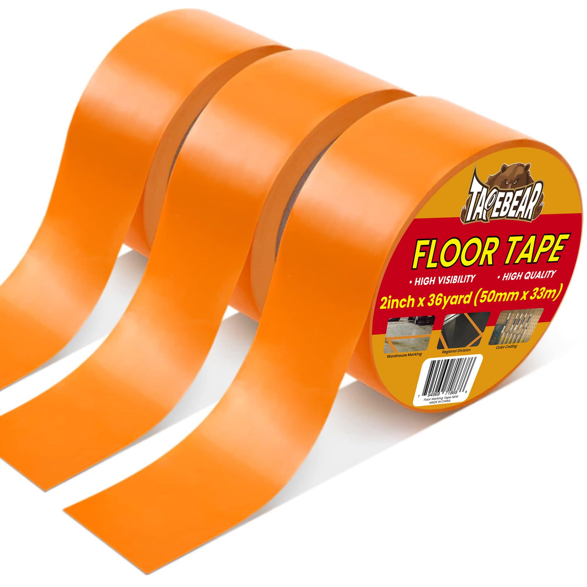TAPEBEAR Floor Tape Orange Vinyl Tape 50mm*33m, Floor Caution Marking Dance Splicing Tape Safety Warning Stripe Abrasion-Proof Waterproof for Gym, Warehouse, Traffic Signage, Color Coding, 3Rolls