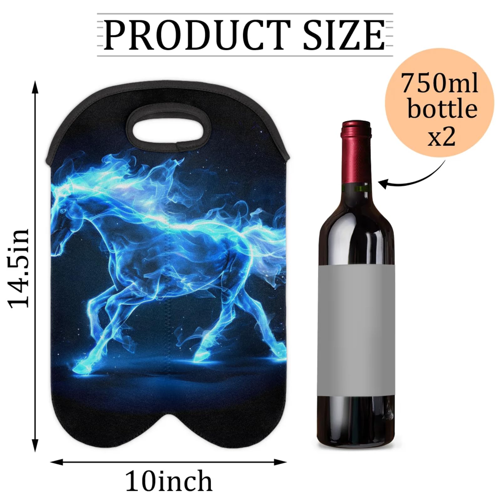 GzLeyigou 2 Bottles Horses Blue Wine Bag Sleeve Totes Neoprene Protective Wine Carrier Bag for Wine,Water, Champagne, Beer, Baby Bottles,Gift 14.5 x 10 Inches