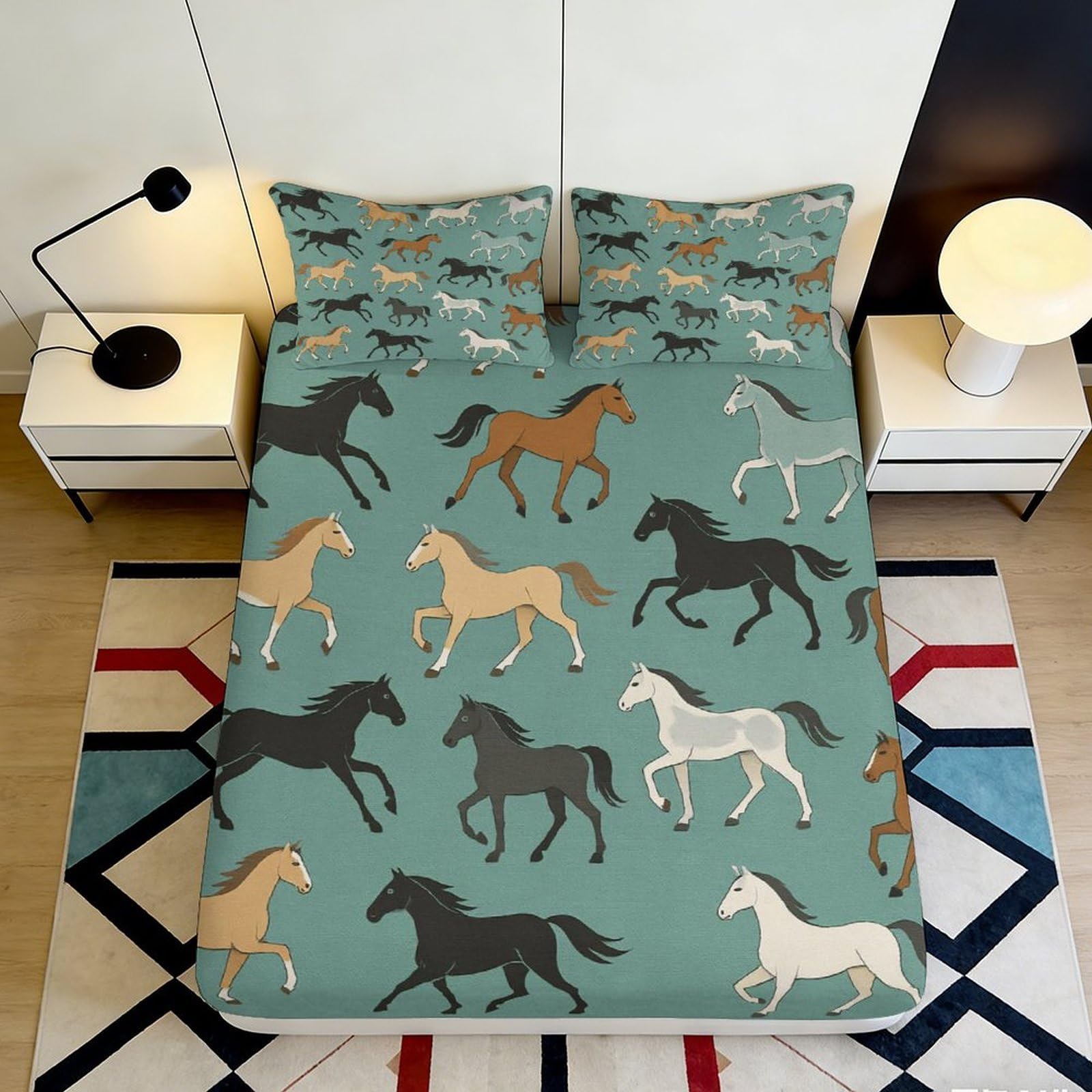 Pnayamiorkfel Style-5 3D Printed Galloping Horse Fitted Sheet Microfiber Soft Anti-Slip Wild Stallion Bed Cover Bedroom Decor Mattress Protector 90X200x25cm