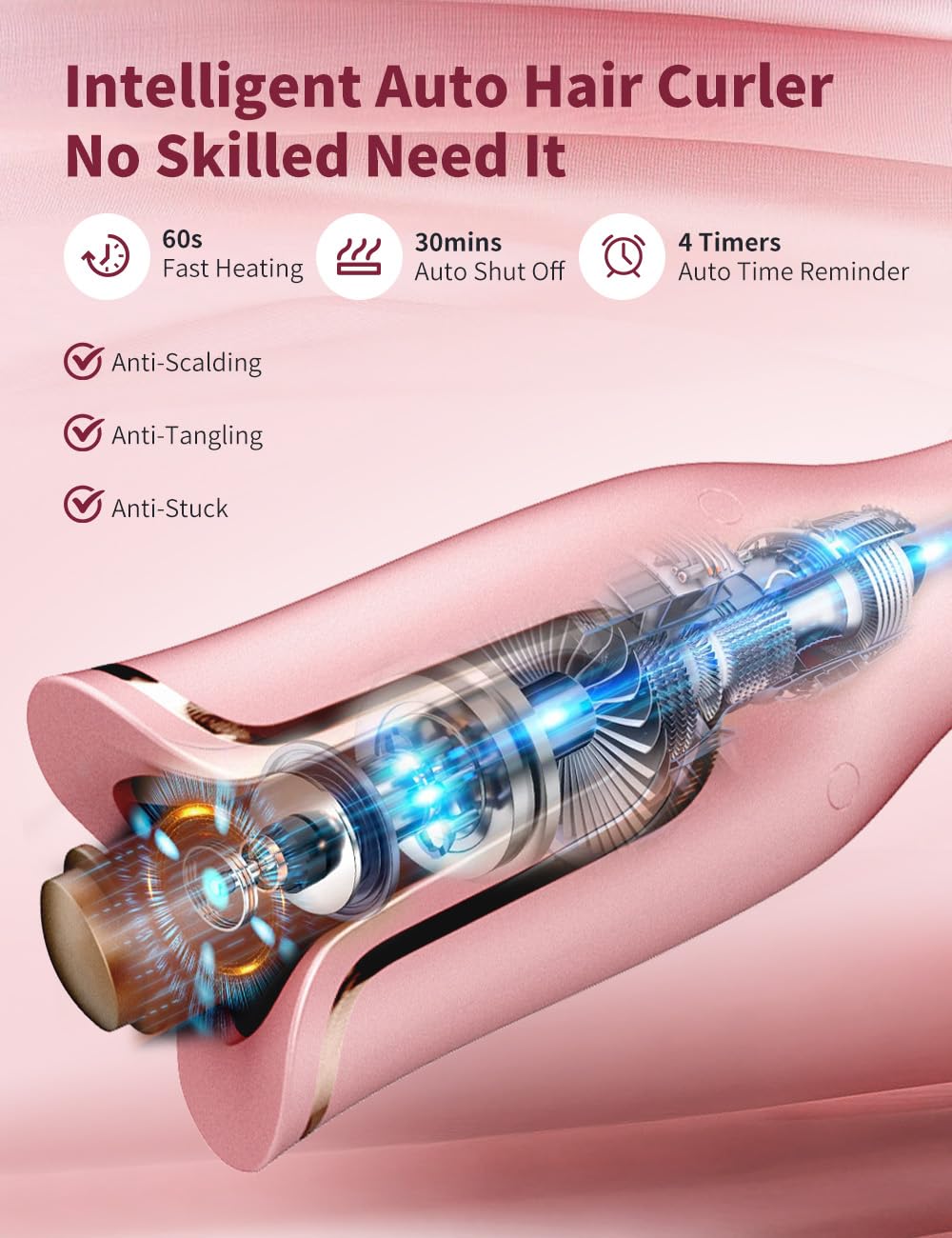 GHKJOK Automatic Curling Iron Long Hair Auto Hair Curler Women Curling Iron Automatic 1" Rotating Barrel Hair Curler Automatic 4 Temps & 3 Timer Settings Curling Iron Auto Shut-Off Fast-Heating Pink