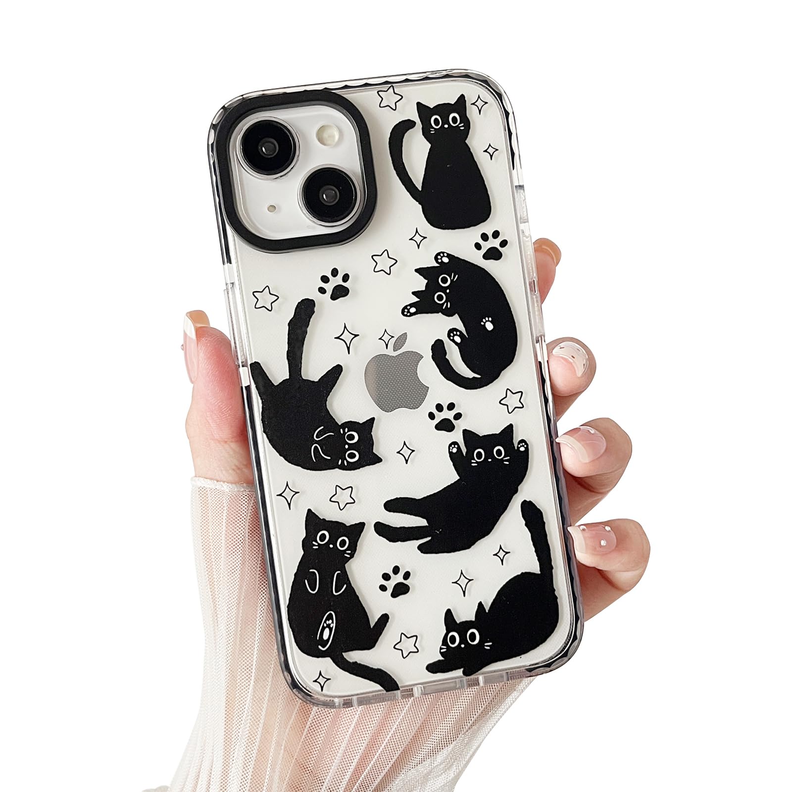 branple Compatible with iPhone 14 Plus/iPhone 15 Plus Case,Clear Cute Black Cat Pattern with Shockproof Slim Soft TPU Protective Phone Case for Women