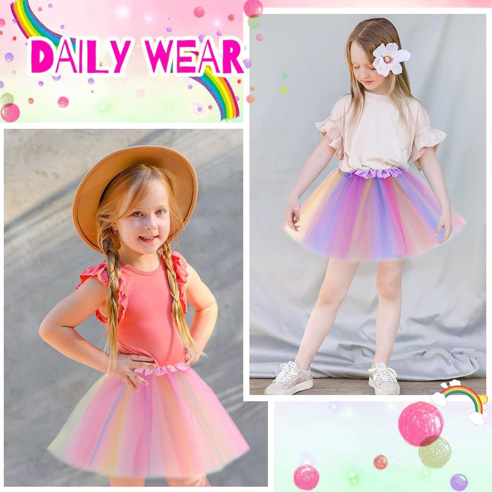 Falda de Tutú para Niñas, 2 Piezas, Vestido Corto de Baile Colorido Princesa
