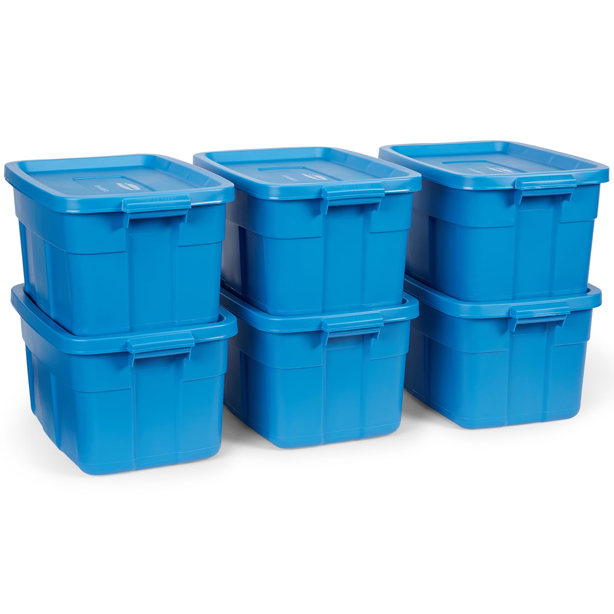 Rubbermaid Roughneck Tote 14 Gal, 6 Pack, Made in USA, Heritage Blue, Rugged Plastic Stackable Storage Bins with Lids and Handles