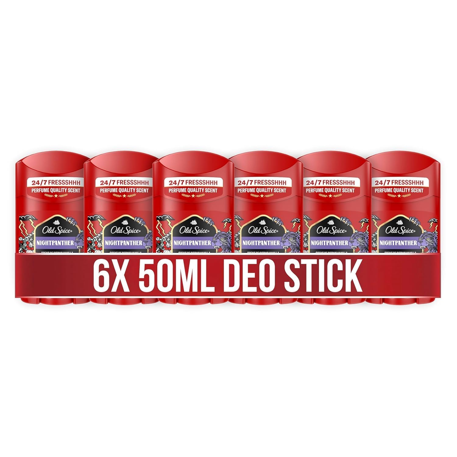 Old Spice Nightpanther Deostick für Männer, 6x50 ml, 24/7 Frischhh bei täglicher Anwendung, Duft in Parfumqualität, Schutz vor Gerüchen, 0 Prozent Aluminiumsalze
