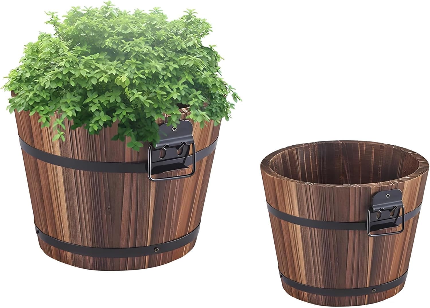 PaMeer Rustic Wooden Barrel Planters – Wooden Bucket Barrel Planter, Flower Pots Boxes Container, Large Round Garden Pots with Drainage Holes for Outdoor & Indoor Plants (2 Pcs Large & Medium)