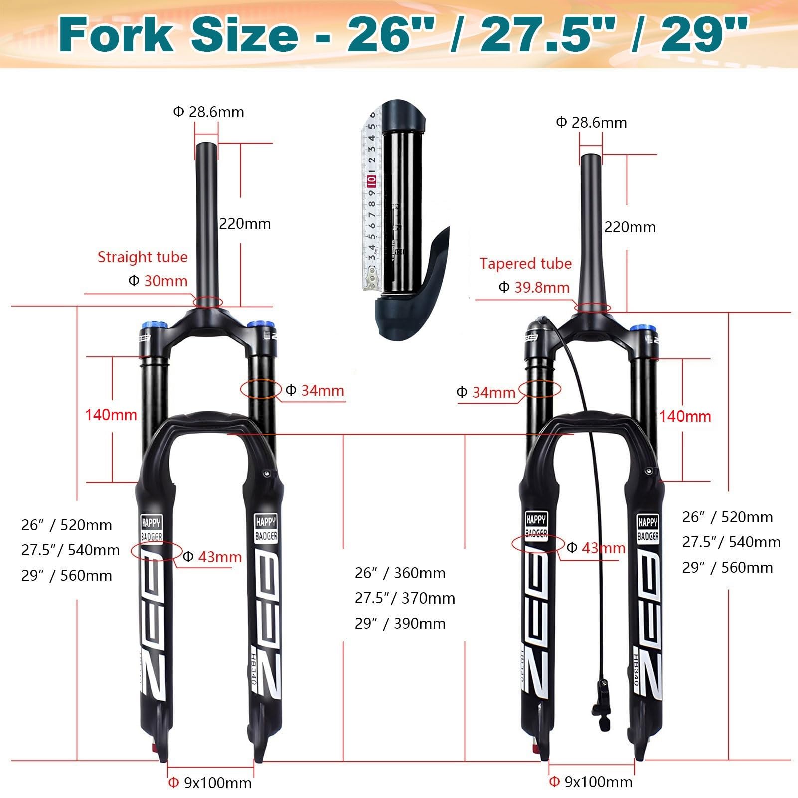 Forcella Ammortizzata per Mountain Bike 26/27.5/29 Pollici, Escursione 140 mm, Forcella Anteriore ad Aria, Tubo Interno da 34 mm per Ciclismo AM, XC, MTB, Downhill
