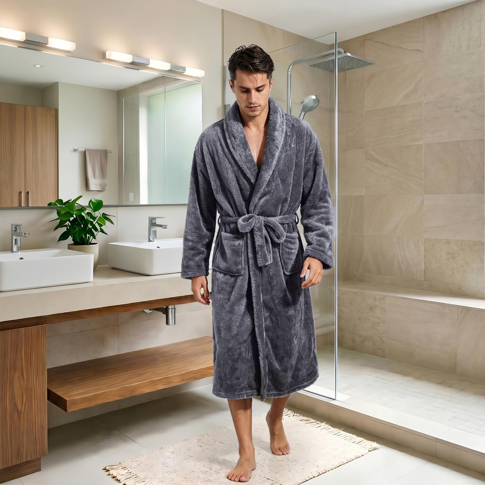 Inner Wish Bata de baño de forro polar de felpa para hombre, acogedora y cálida, bata larga de spa con bolsillos (gris oscuro)