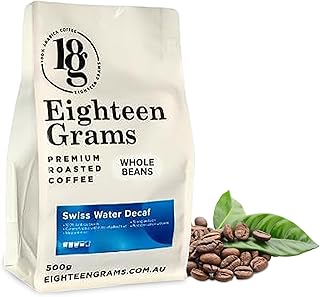 18 Grams Swiss Water Decaf Whole Beans – Medium Roast with Caramel & Fruity Notes, 100% Arabica, 500g