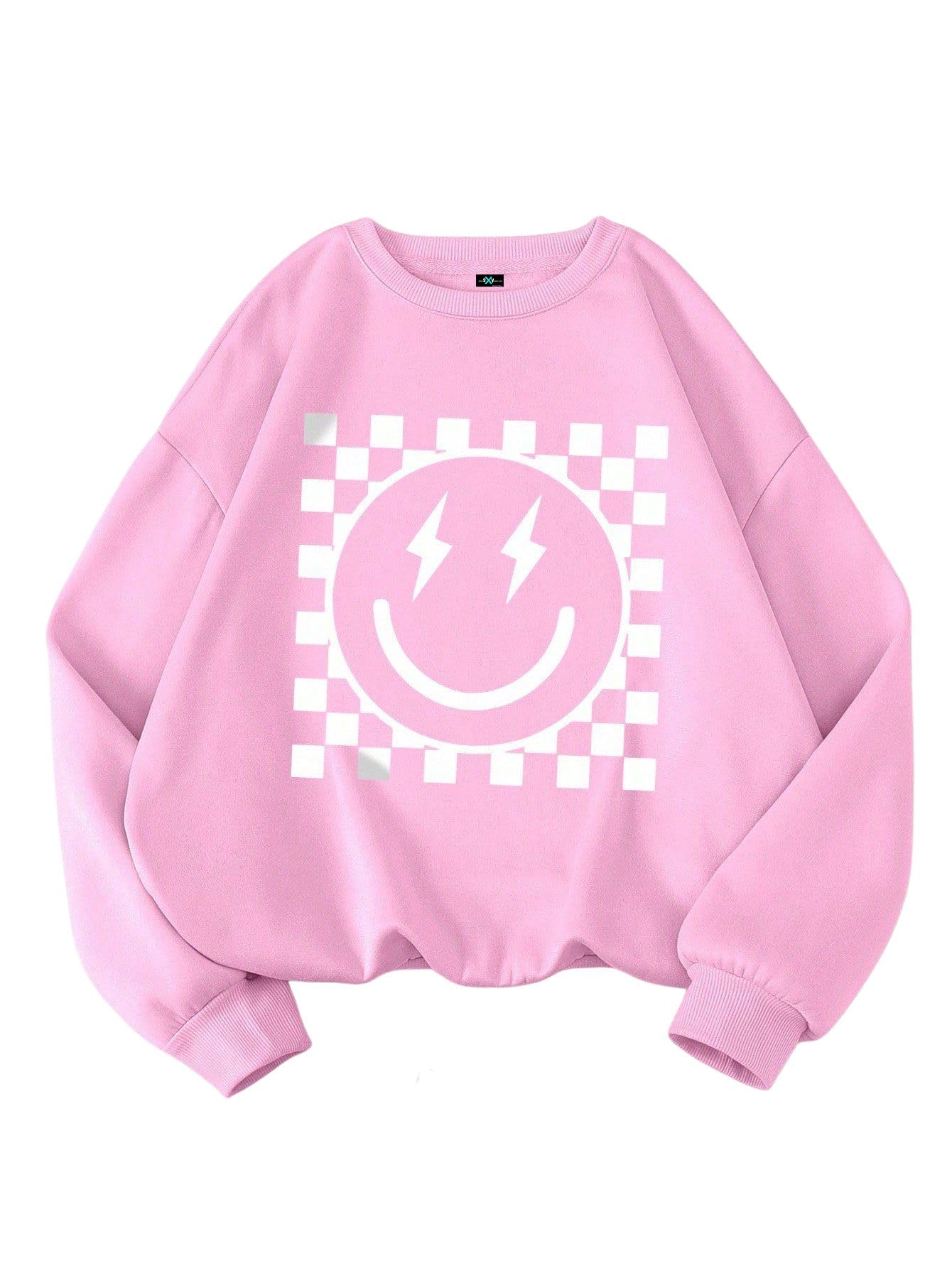 sxv style Women's Oversized Sweatshirt, Lightning Bolt Smiley Face Graphic, Checkered Border Print, Crew Neck, Long Sleeve-picture-41