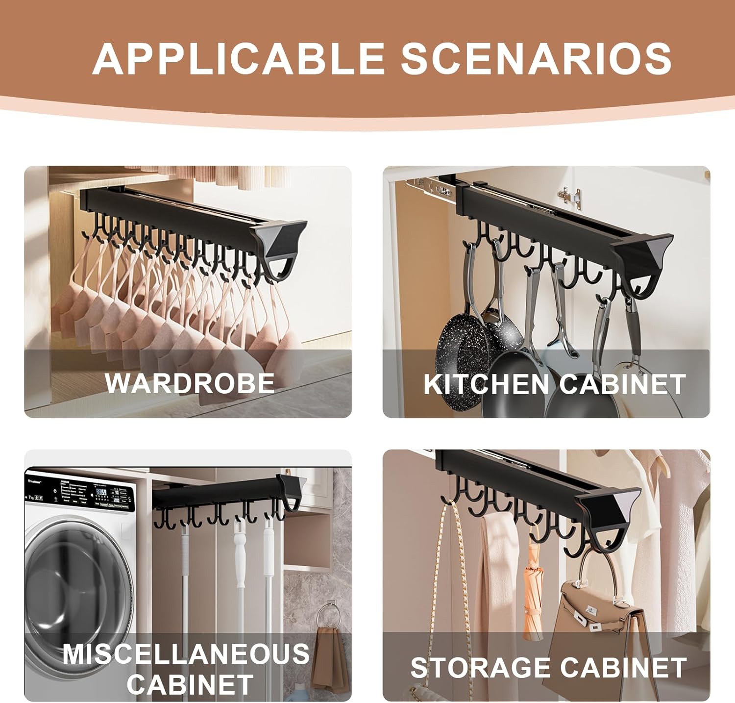 Pull Out Pot Rack, Pots and Pans Organizer for Under Cabinet, Aluminum Alloy Pot Hanging Holder, Slide Out Organization for Kitchen Cabinet Cookware Baking Frying Rack (B, 9 Pairs Hooks)