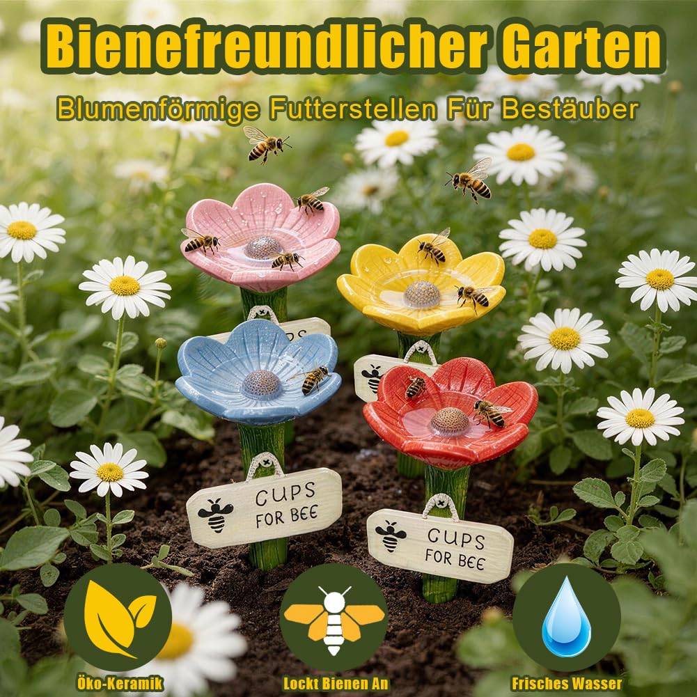 4 Stück Bienentränken Keramik Blumen, Sichere Garten-Insektentränke für Bienen, Schmetterlinge & Bestäuber, Bunte Bienentränken für den Garten, Trinkstelle, Bee Cups für Garten & Balkon