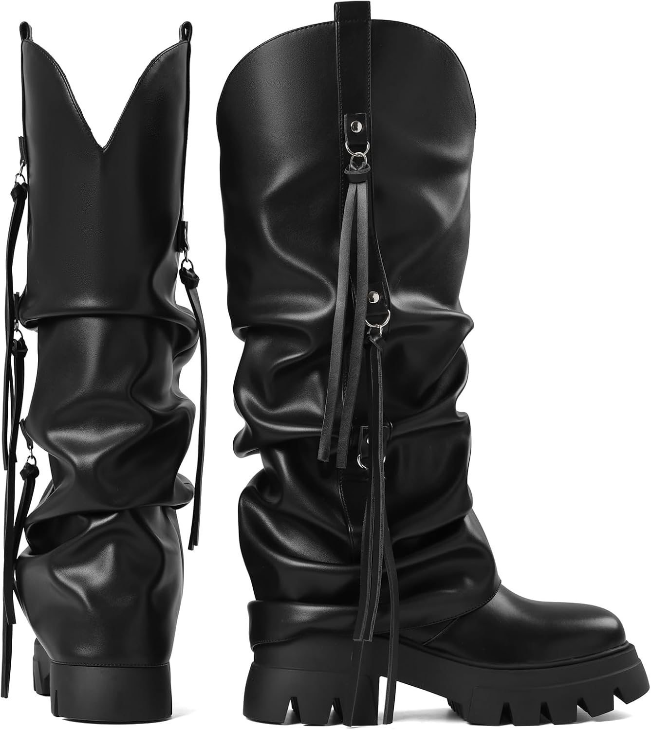 Fold Over Boots For Women,Slouchy Platform Wide Calf Knee High Dress Round Toe Chunky Metallic Stacked Glitter Boots