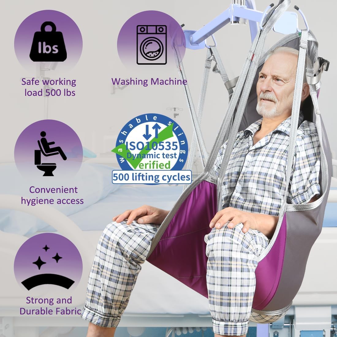 EZ Assistive Hebegurt für Patientenlifter mit Kopfstütze, Transfergurt mit geteilten Beinschlaufen für Toilettengang, Liftertuch für Senioren und Pflege, 230 kg Tragkraft (Blue, mittel)