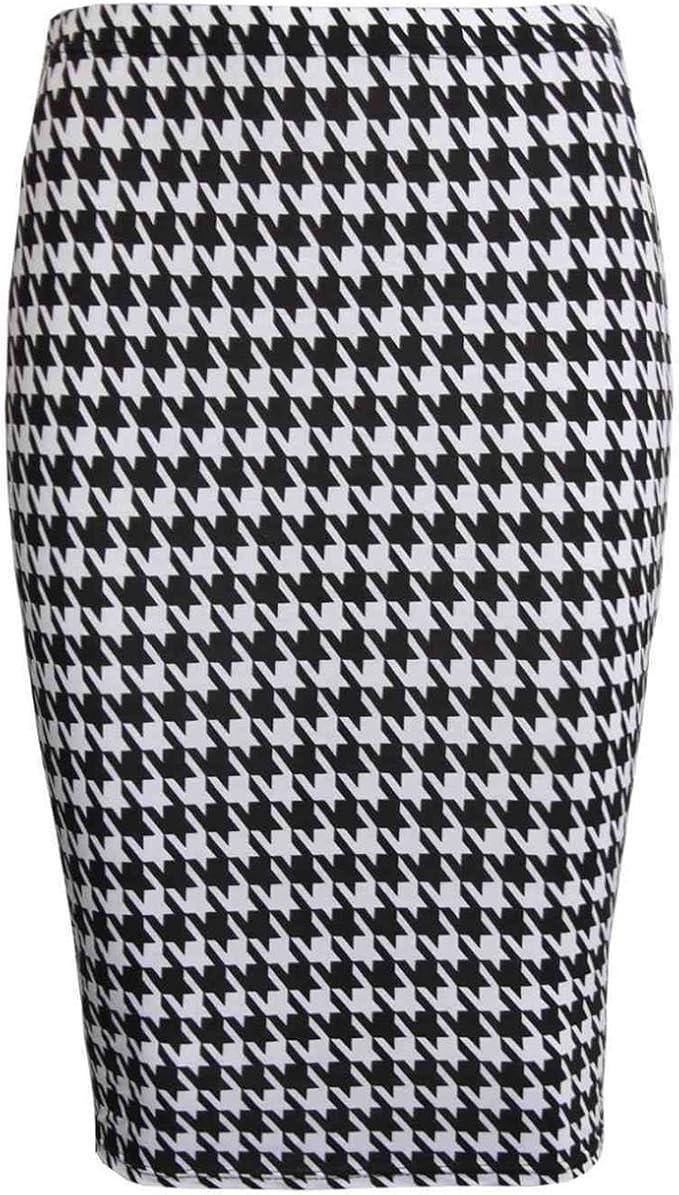 Best Look Ladies Women Printed Midi Bodycon Pencil Skirt High Waist Tube Skirt Fancy Dress (Dog Tooth Print, 20-22)