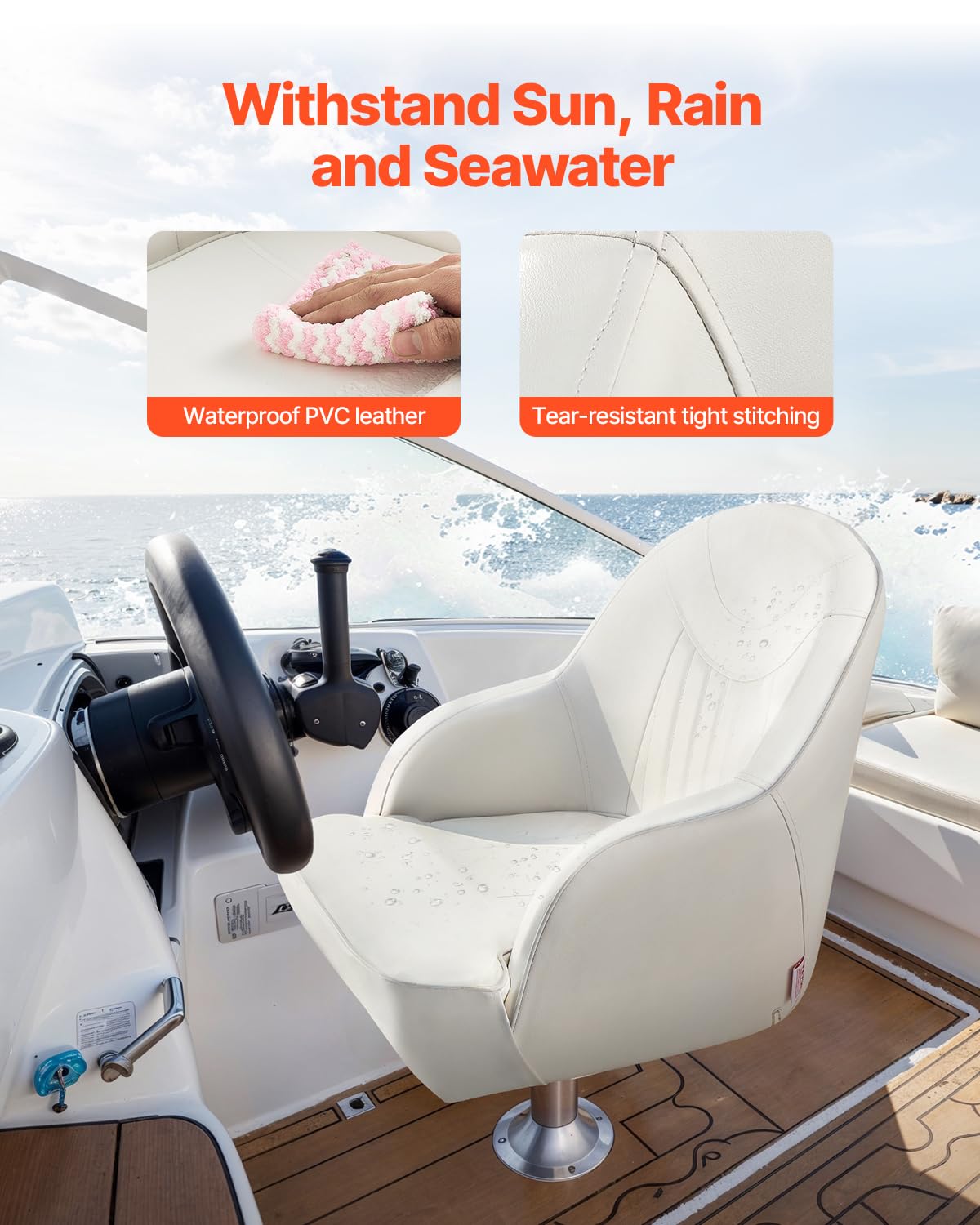 VEVOR Sedile per Barca, Schienale Basso, Sedile Ribaltabile per Barca con Cuscino in Spugna Ispessita e Pelle Impermeabile, Design Ergonomico, per Barche da Pesca, Yacht, Navi, Bianco