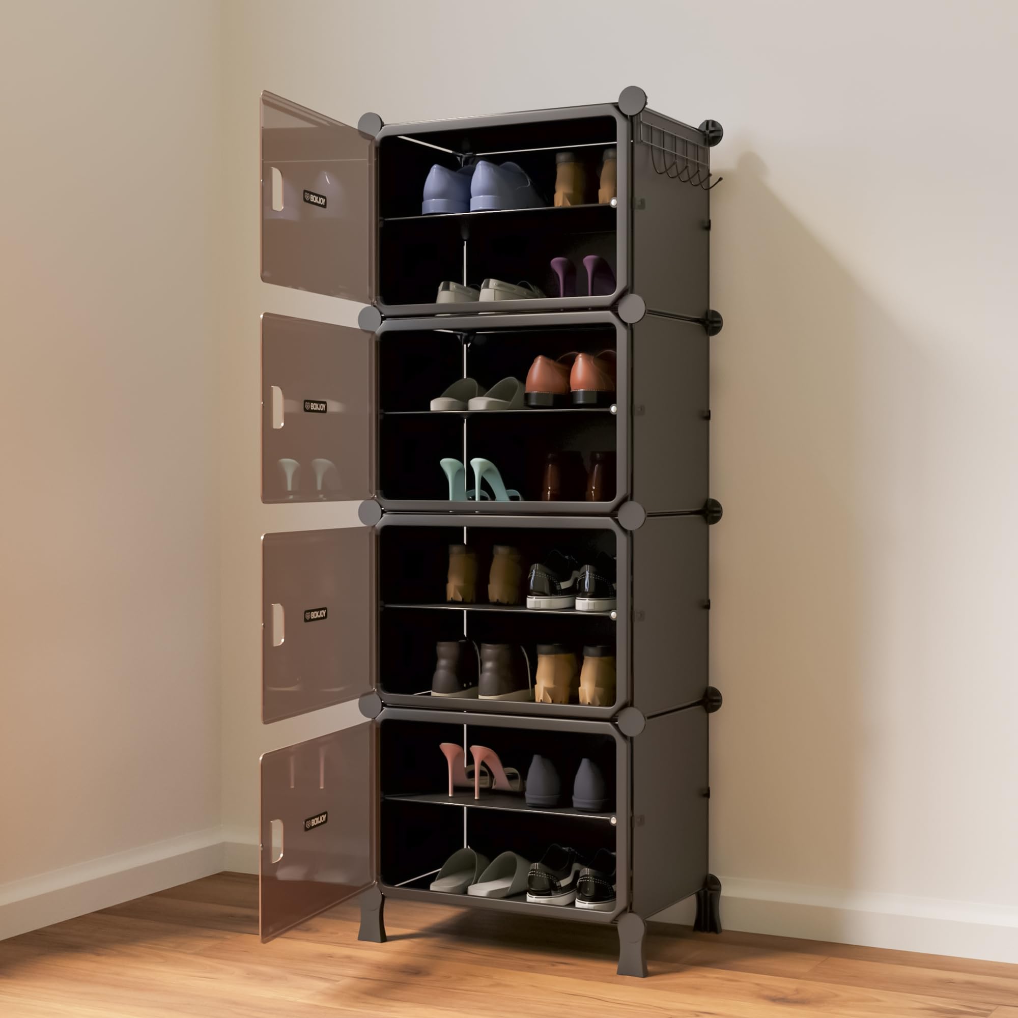 BOXJOY 8 Shelf Black Shoe Rack with 4 Brown Doors & Steel Holder | Hard PET Plastic Door with Metal Frame & Wooden Hammer, Home Shoes Stand Organiser with Feet to Cover Slipper Sandals Chappal