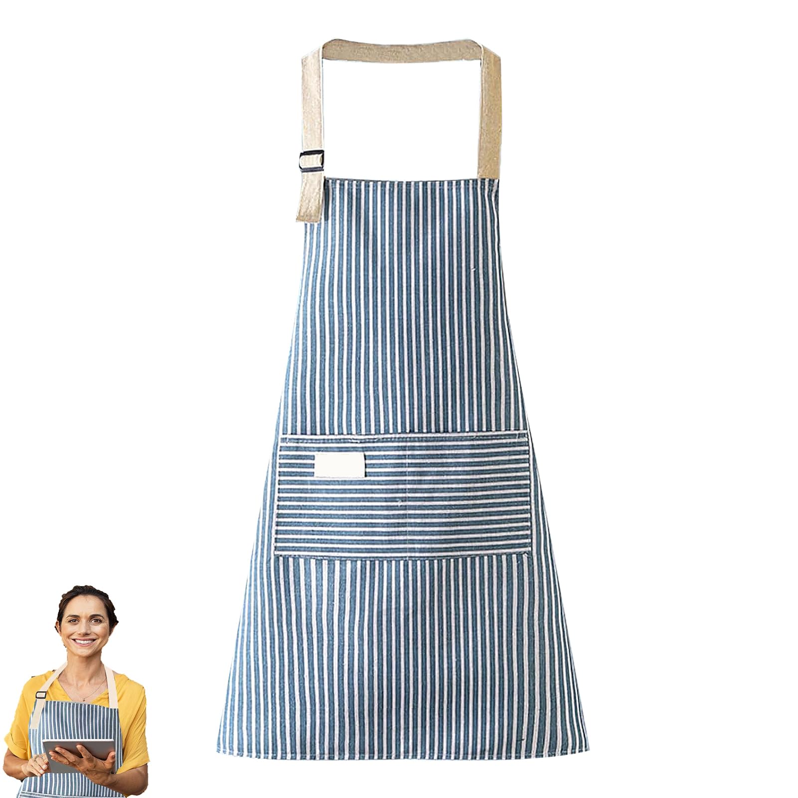 Cuwerfo Women's Blue Aprons For Cooking, Kitchen Apron, Aprons For Stripe Bib Apron, For Cooking, Bbq, Baking, Gardening, Household Cleaning, Restaurant(Blue)