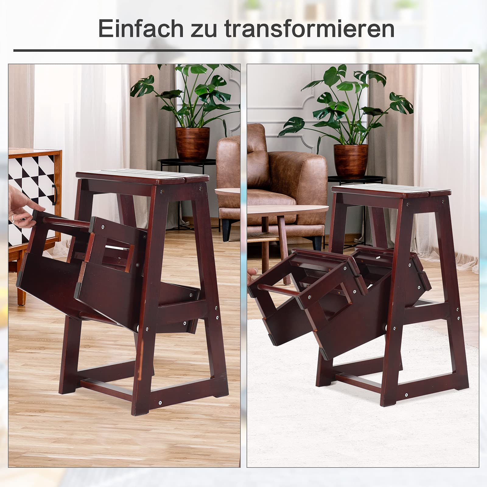 RELAX4LIFE Leiterstuhl 3 Stufen, Tritthocker Kiefernholz, Trittleiter zusammenklappbar, Trittstuhl, Haushaltsleiter, Hockerleiter, Klapphocker, 57 x 38 x 65 cm, Braun (Dunkelbraun)
