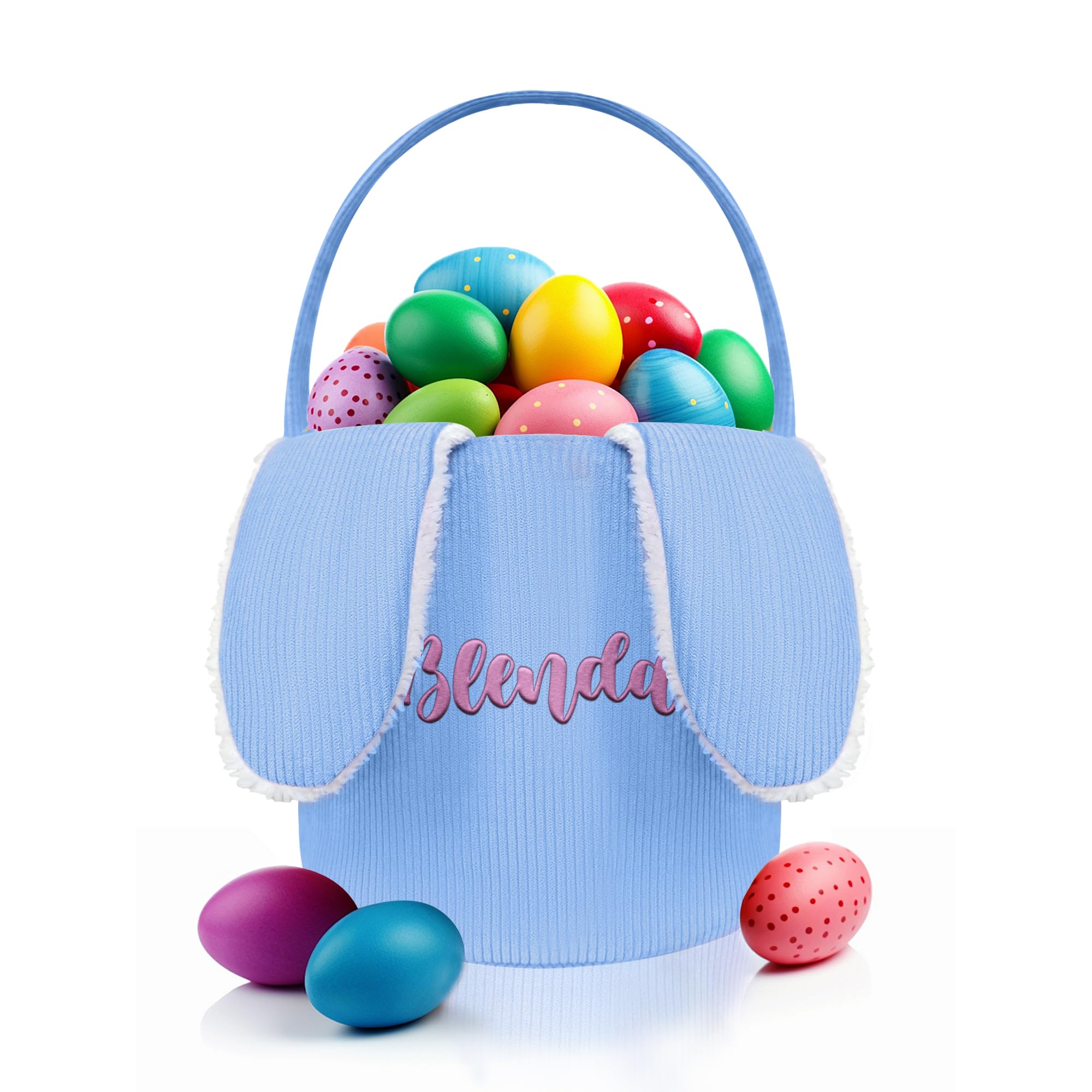 HUTARIO Personalized Easter Basket Egg Hunt Custom Embroidered Bunny Baskets for Kids with Cute Rabbit Ears Storage, Plush Lining, Candies, Easter Party Gifts.(Blue)