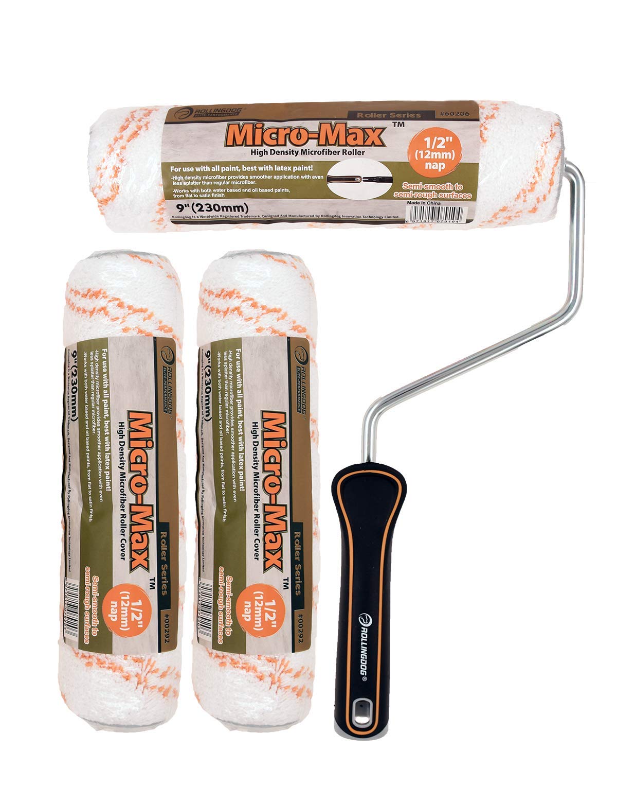 ROLLINGDOG Rouleau de Peinture Professionnel 22,8 cm avec 3 Manchons en Microfibre Non Pelucheux Pour le Mur et le Plafond
