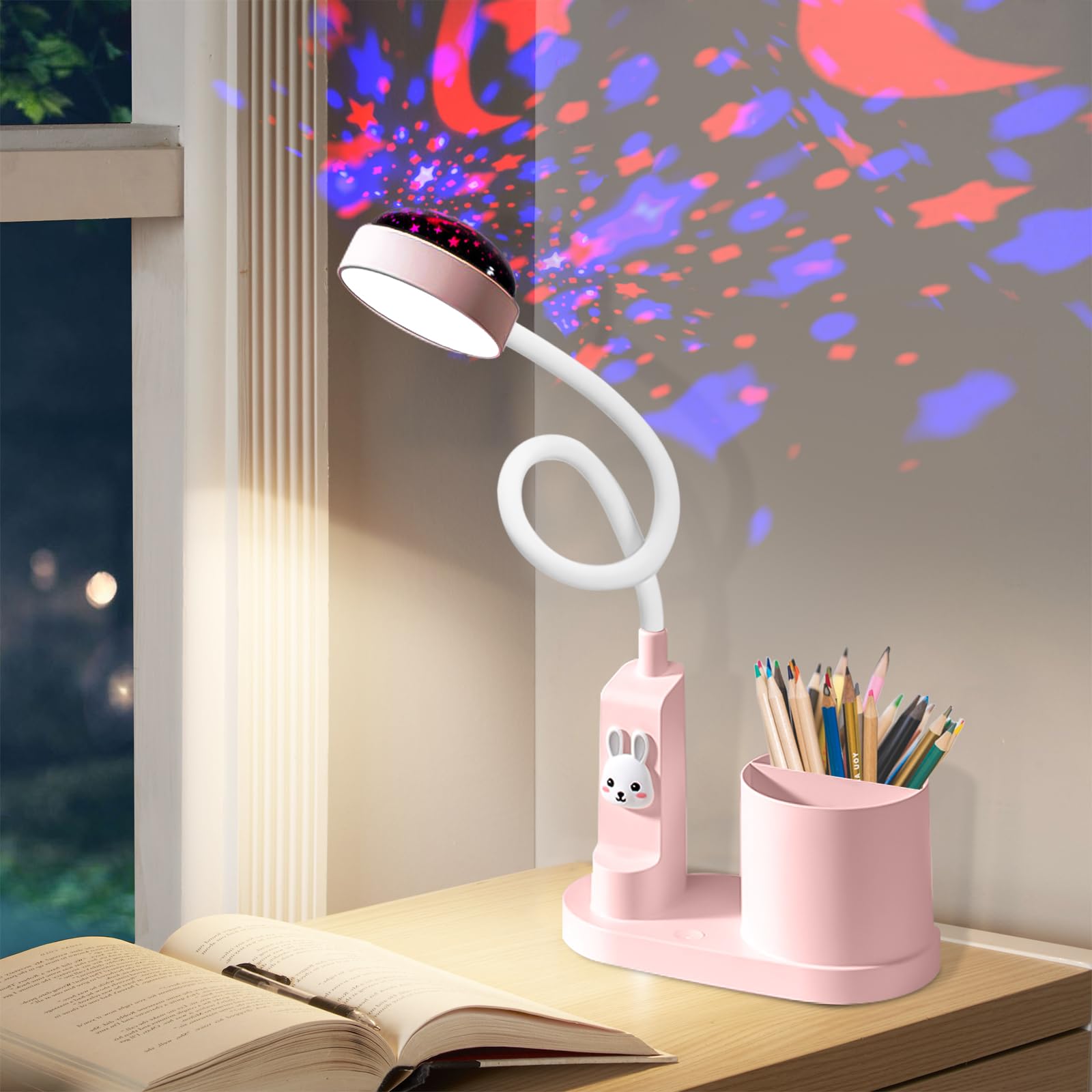 Leikurvo Lámpara de escritorio para niños, lámpara de noche LED con soporte para bolígrafos, lámpara de mesa regulable, recargable, lámpara de lectura LED ajustable 360°, cuello de cisne, lámpara de