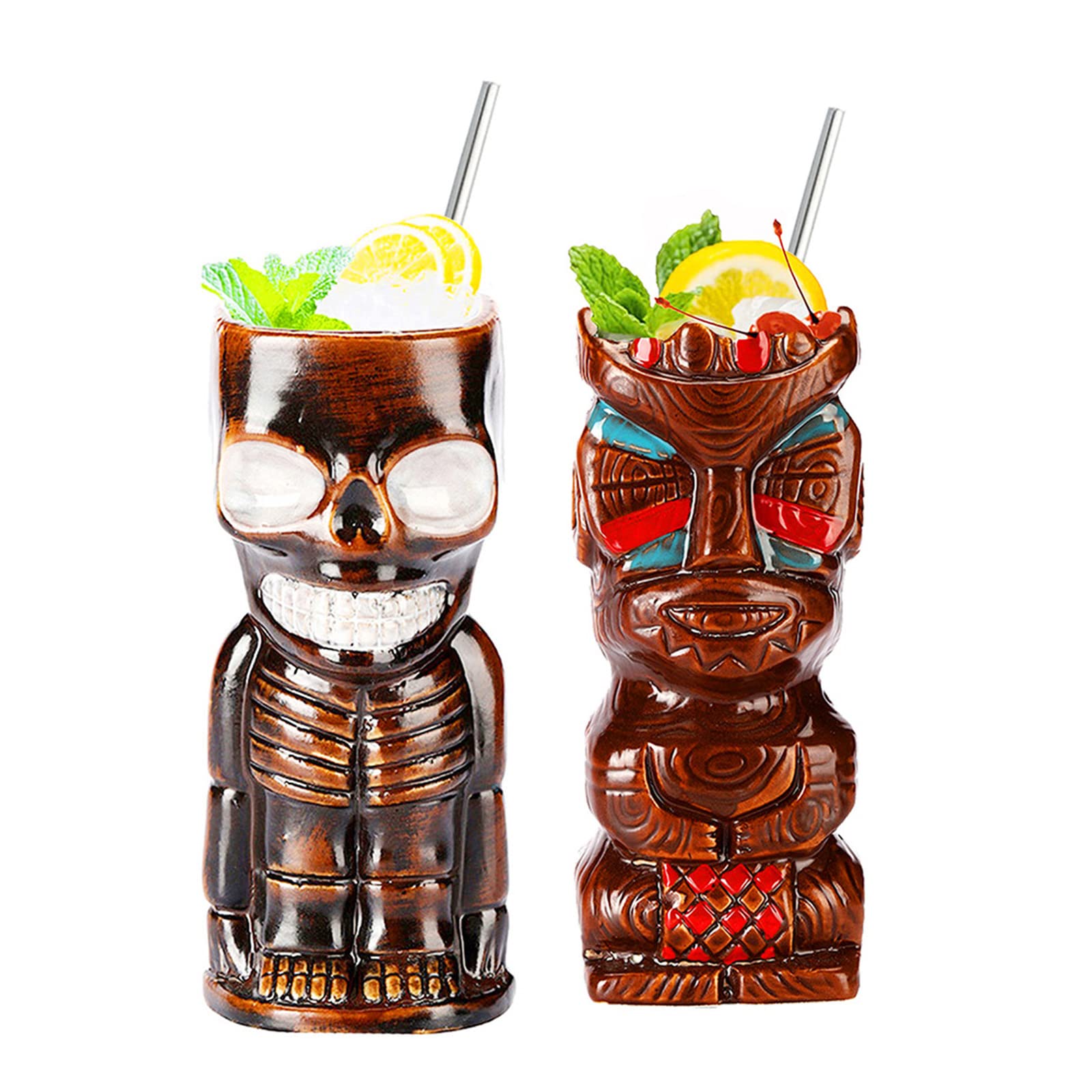 Tiki Mugs, Tiki Glasses Set, Cocktail Mugs, 2 Piece Cocktail Glasses Set, Tiki bar Accessories, Hawaii Party for Premium Tropical Cups Drinks for Exotic Party
