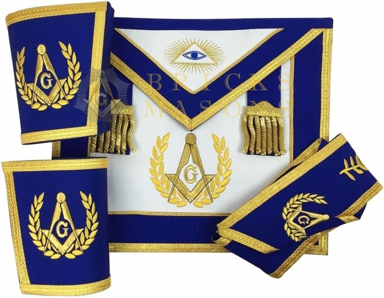 Bricks Masons Blue Lodge Master Mason Apron Set Apron, Collar Gauntlets (Cuffs)