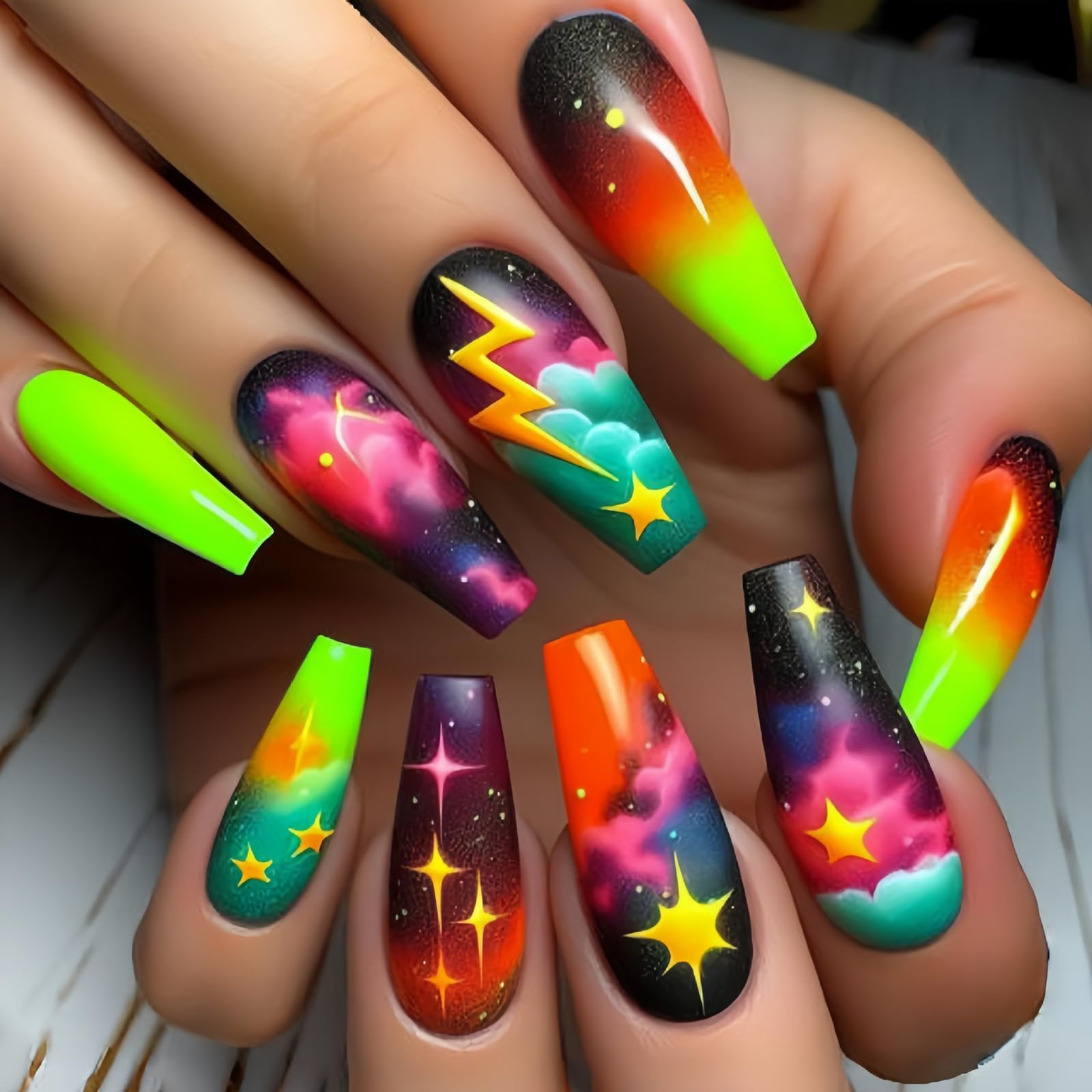 Nebula Press on Nails Medium Coffin Fake Nails Glossy Gradient Acrylic False Nails Colorful Glue on Nails Spring Summer Stick on Nails Reusable Full Cover Artificial Nails Kit for Women Girl 24Pcs