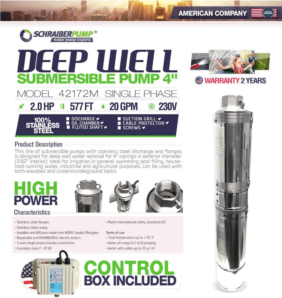 Best Cyber Monday 🔥 SCHRAIBERPUMP 4 SUBMERSIBLE DEEP WELL PUMP 2HP 230v 577FT 21GPM w/control box 2 Year WARRANTY - 100% STAINLESS STEEL BODY - INCLUDES WIRE SPLICE KIT - model 42172M Exclusive Discount 60% Price SCHRAIBERPUMP 4 SUBMERSIBLE DEEP WELL PUMP 2HP 230v 577FT 21GPM w/control box 2 Year WARRANTY - 100% STAINLESS STEEL BODY - INCLUDES WIRE SPLICE KIT - model 42172M