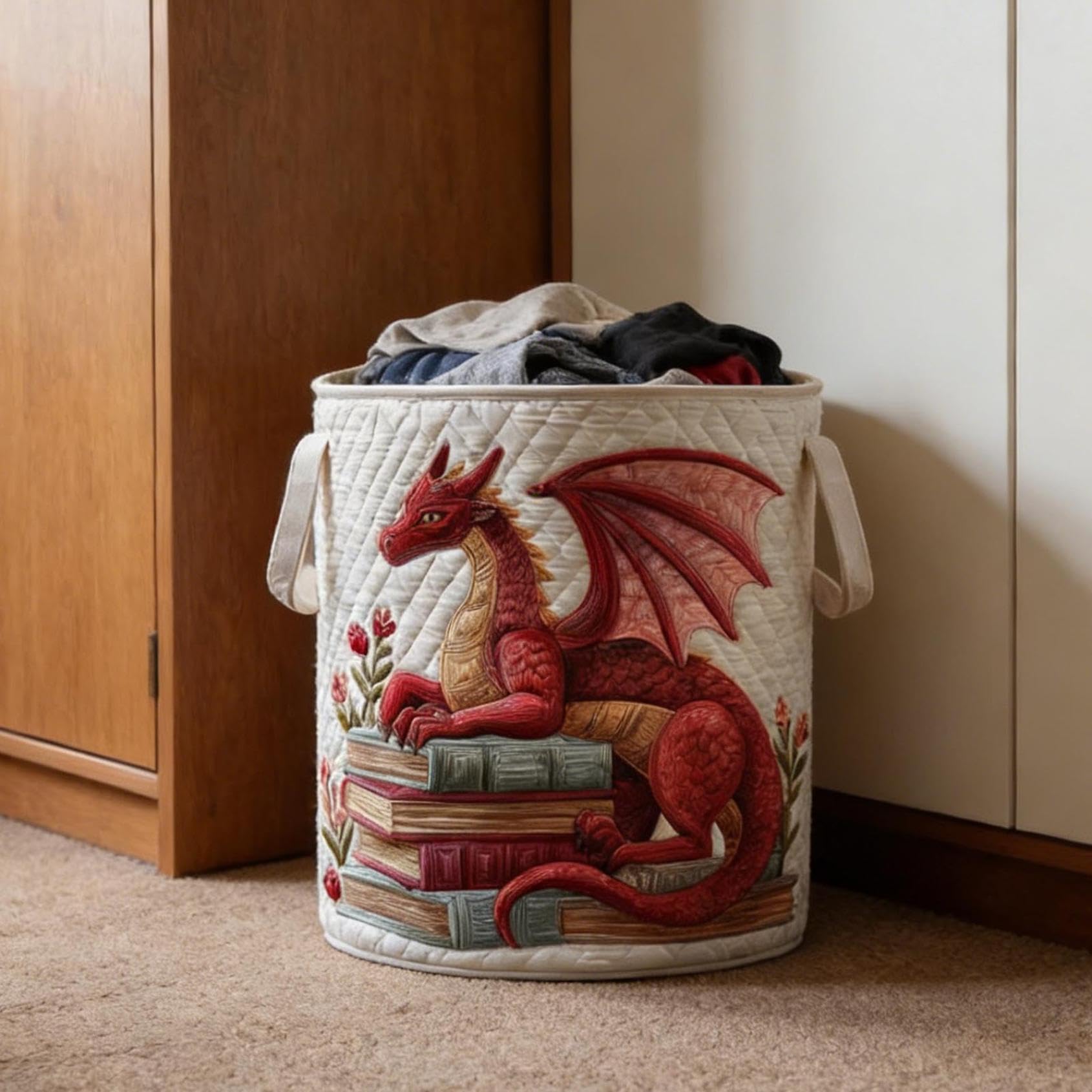 Quilted Laundry Basket, Boho Fabric Floral Animal Digital Print Storage Hamper, Organizer Bin Blankets for Nursery Bedroom Laundry Room Clothes Toys (C-35cm) — view 3