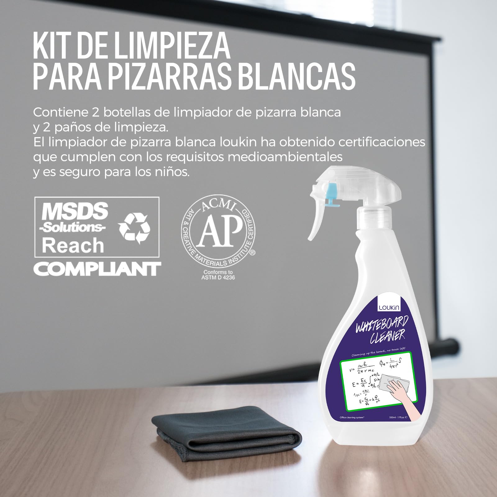 LOUKIN Limpiador de Pizarra Blanca No Tóxico con Paño de Limpieza, 500ml Spray de Limpieza de Bajo Olor para Pizarras de Borrado en Seco, Elimina Manchas Difíciles en Pizarras Blancas (Paquete de 2)