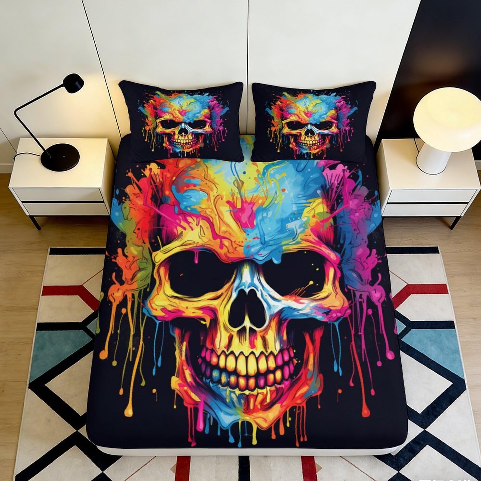 3D Printed Colorful Skull Fitted Sheet Microfiber Soft Breathable Vibrant Skull Mattress Cover for Bedroom Dormitory Guest Room Mattress Protection Decor 120x200x25cm