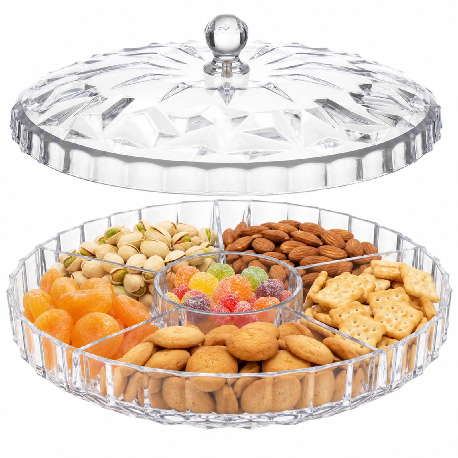 Snack Serving Tray, 11.8 x 5.1 in Appetizer Tray with Lid, 6 Compartments Round Plastic Food Storage Organizer with Handle, Crystal Clear Decorative Divided Plate for Dried Fruit, Nuts, Candy, Party