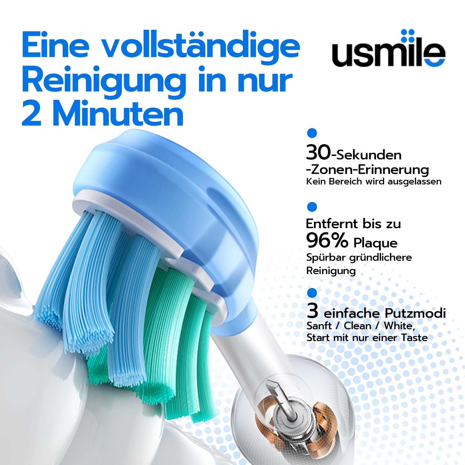 usmile P10S elektrische Zahnbürste – 3 Modi (Tiefenreinigung & Aufhellung), 180 Tage Akkulaufzeit, gepolsterter Zahnfleischschutz-Bürstenkopf für empfindliche Zähne, Smart-Timer, 2 Bürstenköpfe (Blau)