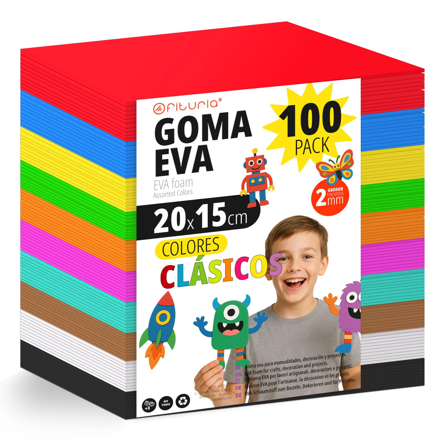 OFITURIA Pack of 100 Sheets of EVA Rubber Classic Colours, Size 20 x 15 cm, 10 Basic Colours, for School or Professional Use, EVA Rubber (Classic Assortment)