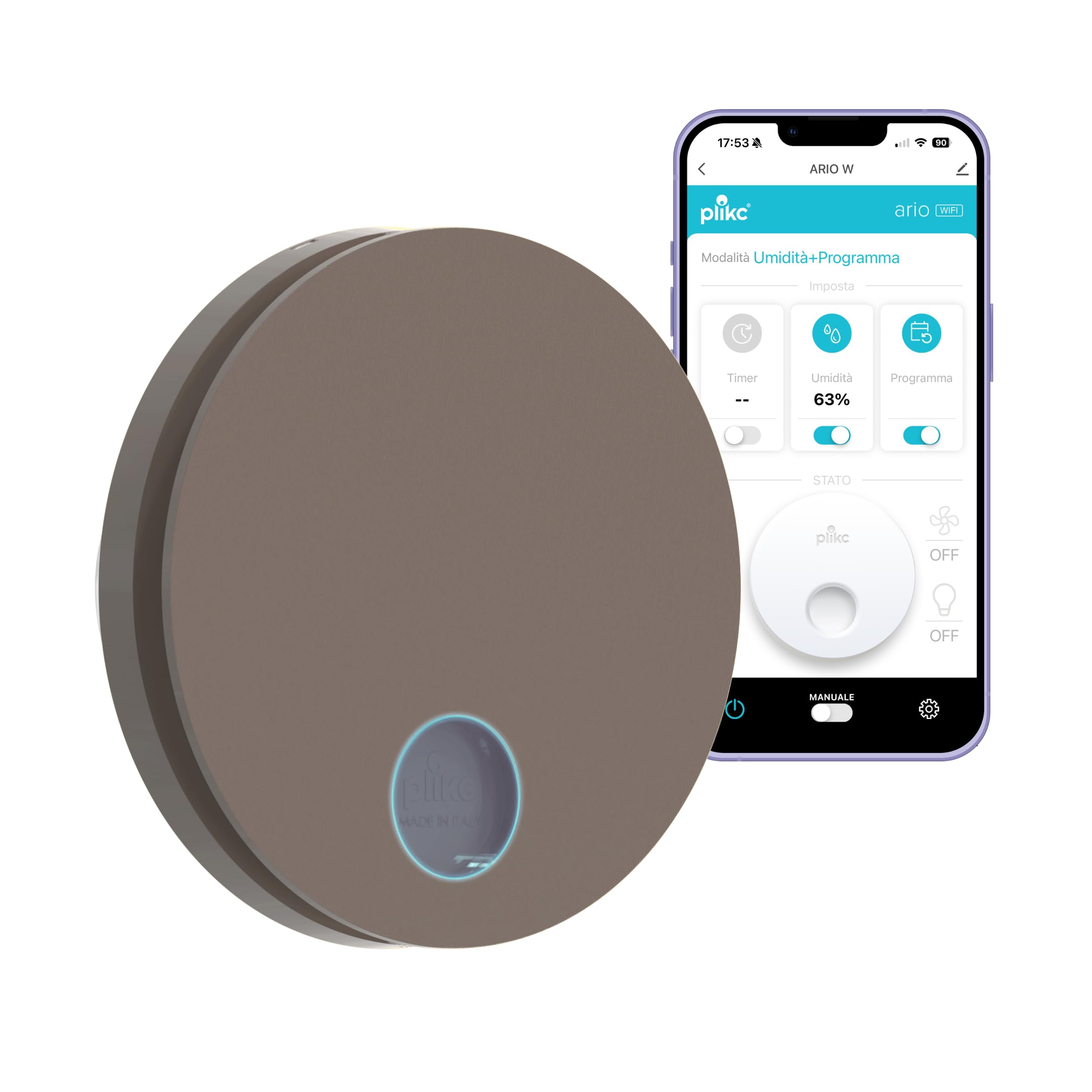 plikc Aspirador WiFi de pared de aspiración axial serie Ario W – Alimentación 230 Vac – 100% Made in Italy (gris topo, orificio Ø90)