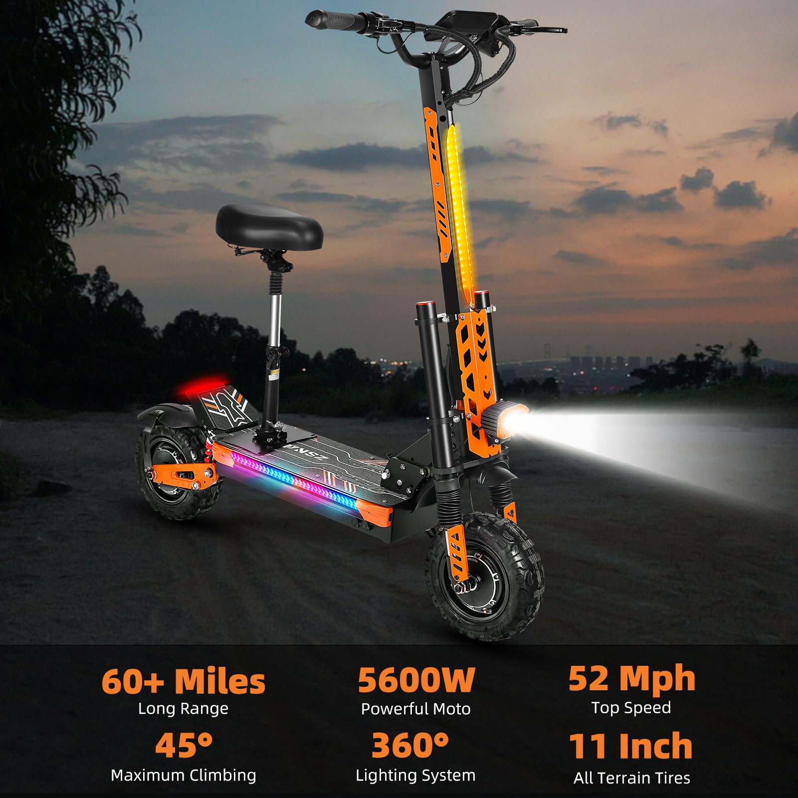 Electric Scooter for Adults 5600W Dual Motor Up to 52MPH, 60V 30Ah Battery Range to 60+ Miles, Fast E-Scooter with 11 inch Tubeless Off-Road Tires and a Removable Seat