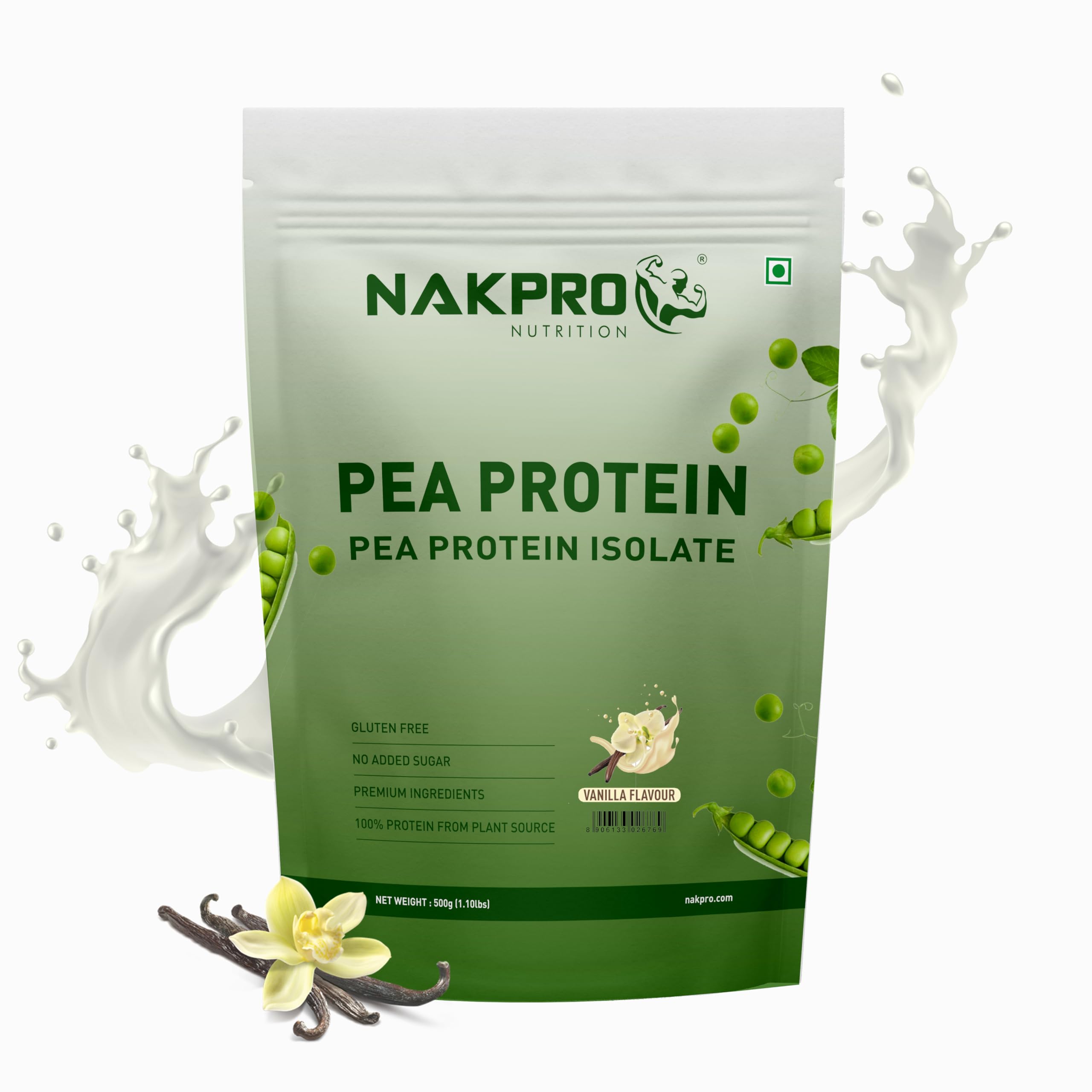 NAKPRO 100% Pea Protein Isolate, Vanilla - 500g | 26g Protein, 4.9g BCAA | Natural Vegan Plant Protein Powder | Easy To Digest | All Essential Amino Acids for Muscle Gain and Recovery