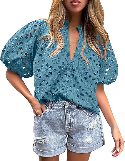 BETTE BOUTIK Women's Long Short Sleeve Tops 2025 Dressy Casual Button Hollow Out Lace Embroidered Blouses Shirts