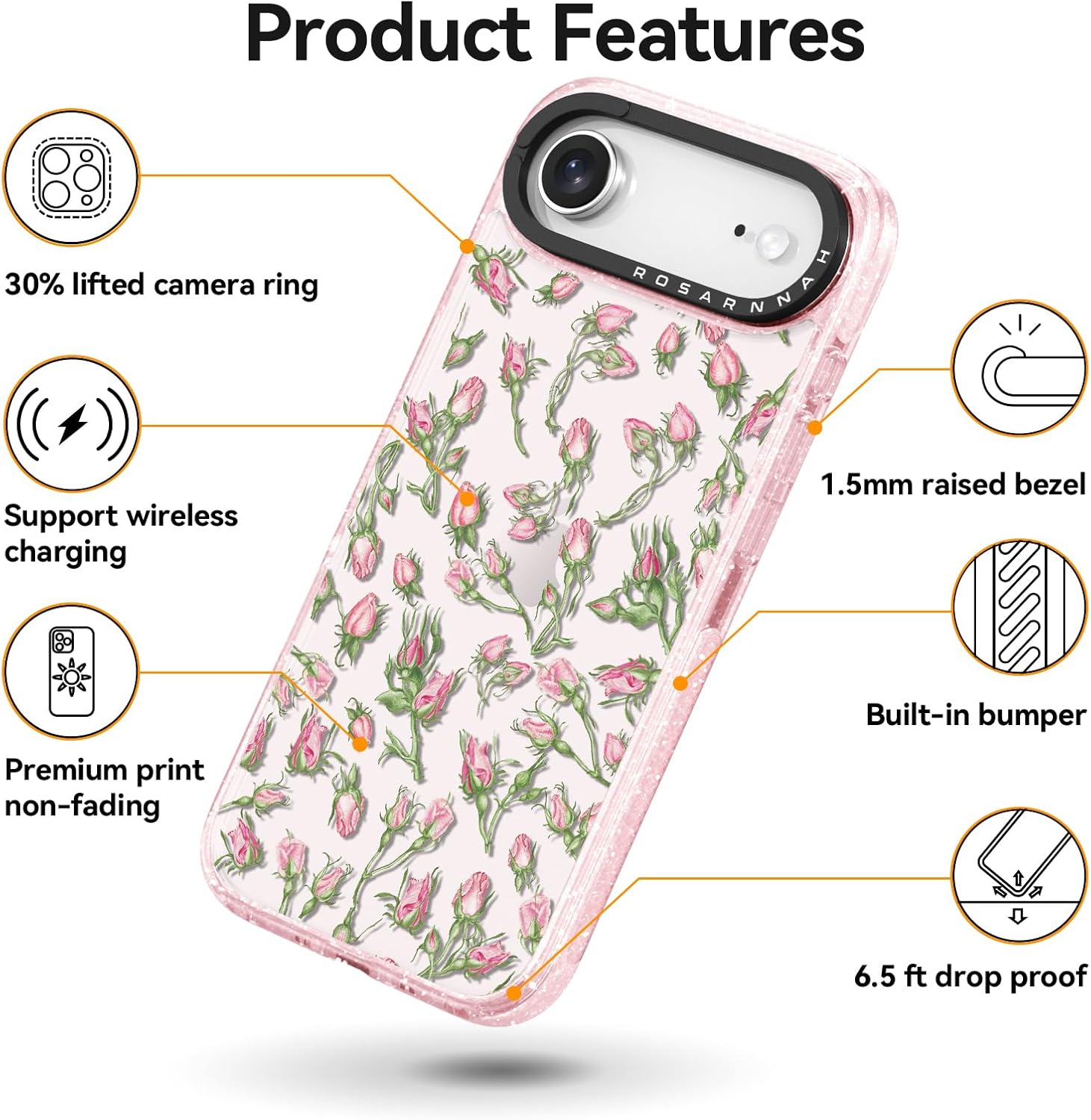 for iPhone Air Case Cute - Durable Shockproof 6.6 ft Drop Impact Phone Case - Funny Rosebud Design (6.5") Glitter Pink - Image 5