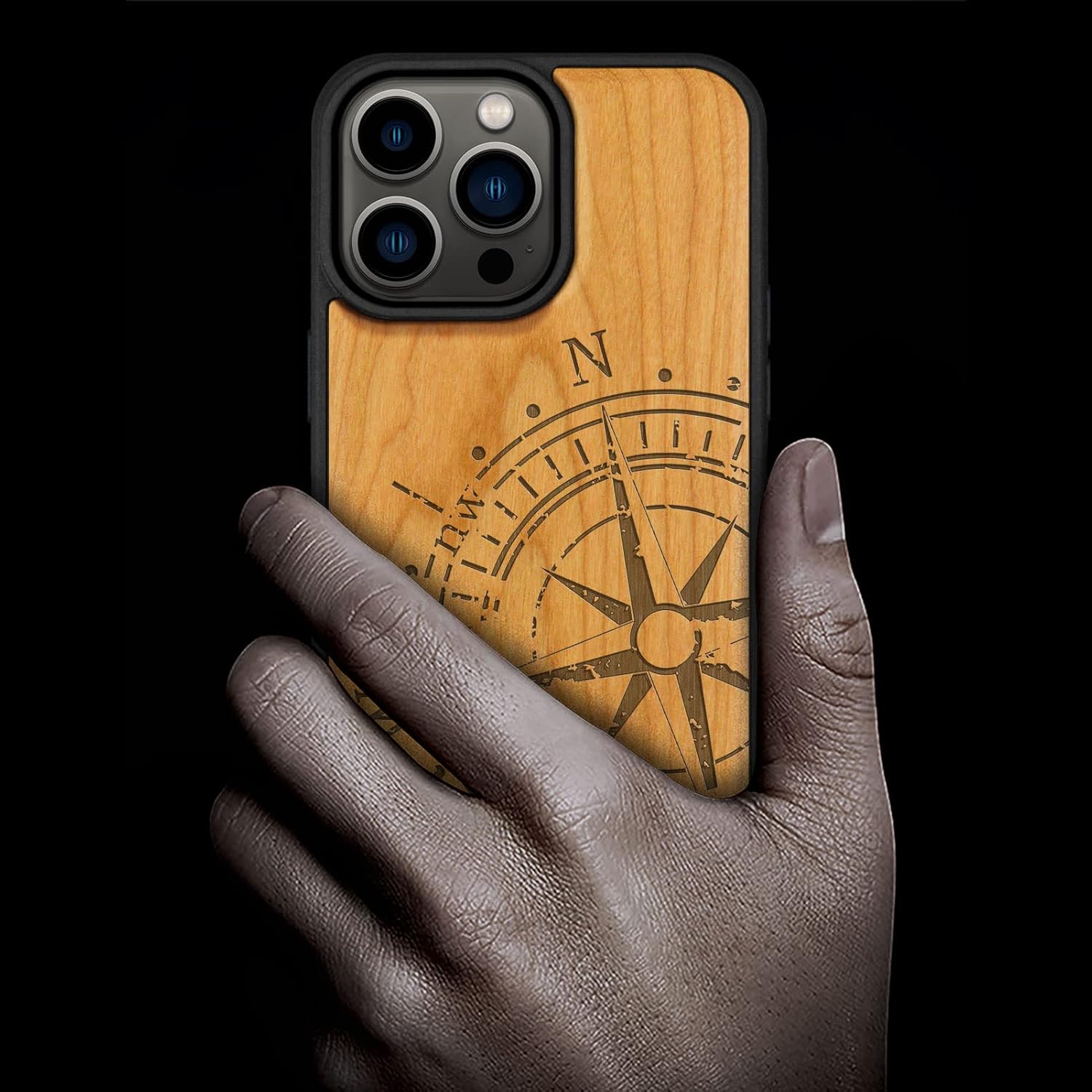 Carveit Magnetic Wood Case for iPhone 14 Pro Max [Natural Wood & Black Soft TPU] Unique & Classy Wooden Shockproof Protective Cover Compatible with magsafe (Vintage Compass -Cherry)