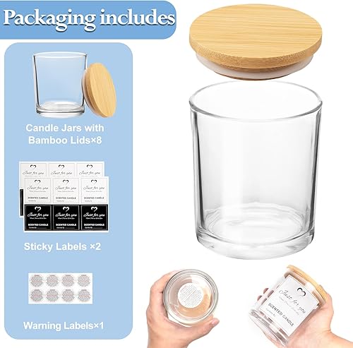 Miniatura 3 de CONNOO Paquete de 8 tarros de vela de vidrio transparente de 14 onzas con tapas de bambú para hacer velas, latas vacías de gran tamaño con etiquetas