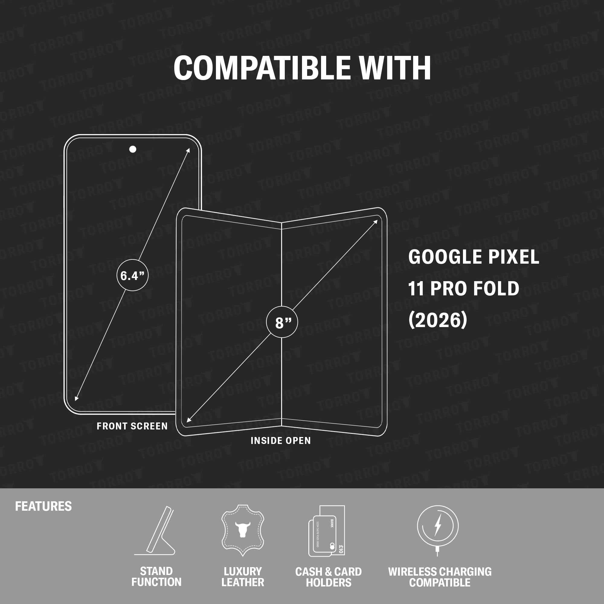 TORRO Custodia Compatibile con Google Pixel 11 Pro Fold 8" 2026 – Custodia a Portafoglio in Pelle Premium con Funzione Stand e Scomparti per Carte (Nero con Dettagli Rossi)