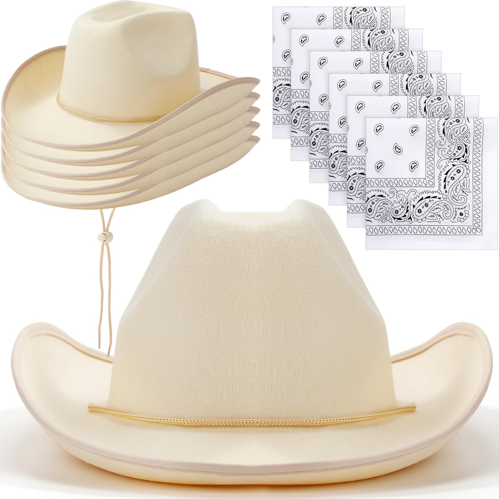 Coume 6 Sets Western Cowboy Hats with Bandanas for Women Men Bulk Adjustable Felt Cowgirl Hats for Adults Costume Party