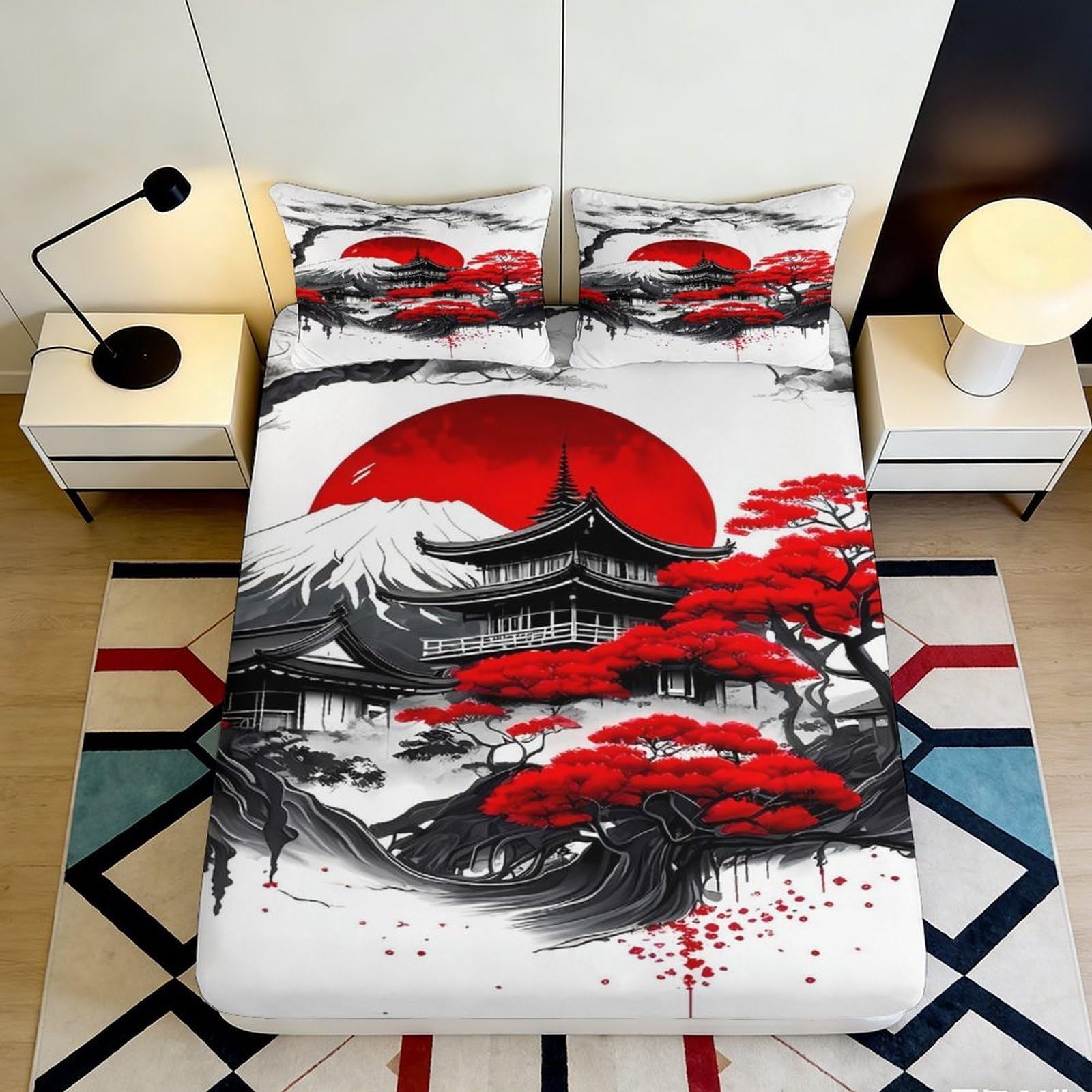 Pnayamiorkfel Style-2 3D Printed Japanese Pagoda Red Sun Fitted Sheet Microfiber Bedding Art Maple Tree Bed Cover For Bedroom Guestroom 90X200x25cm