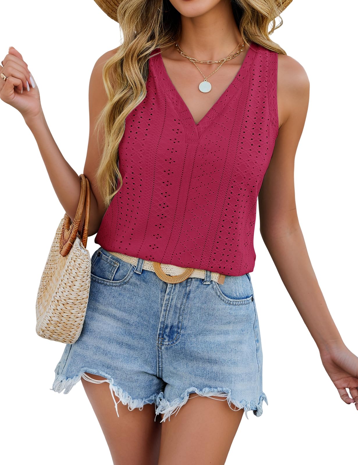 HEEKPEK Tank Top Damen Sommer V-Ausschnitt Ärmellose Oberteile Elegante Eyelet Stickerei Blusentop Casual Top Locker Tanktops Sexy Cami Trägertop Camisole Weste Shirt