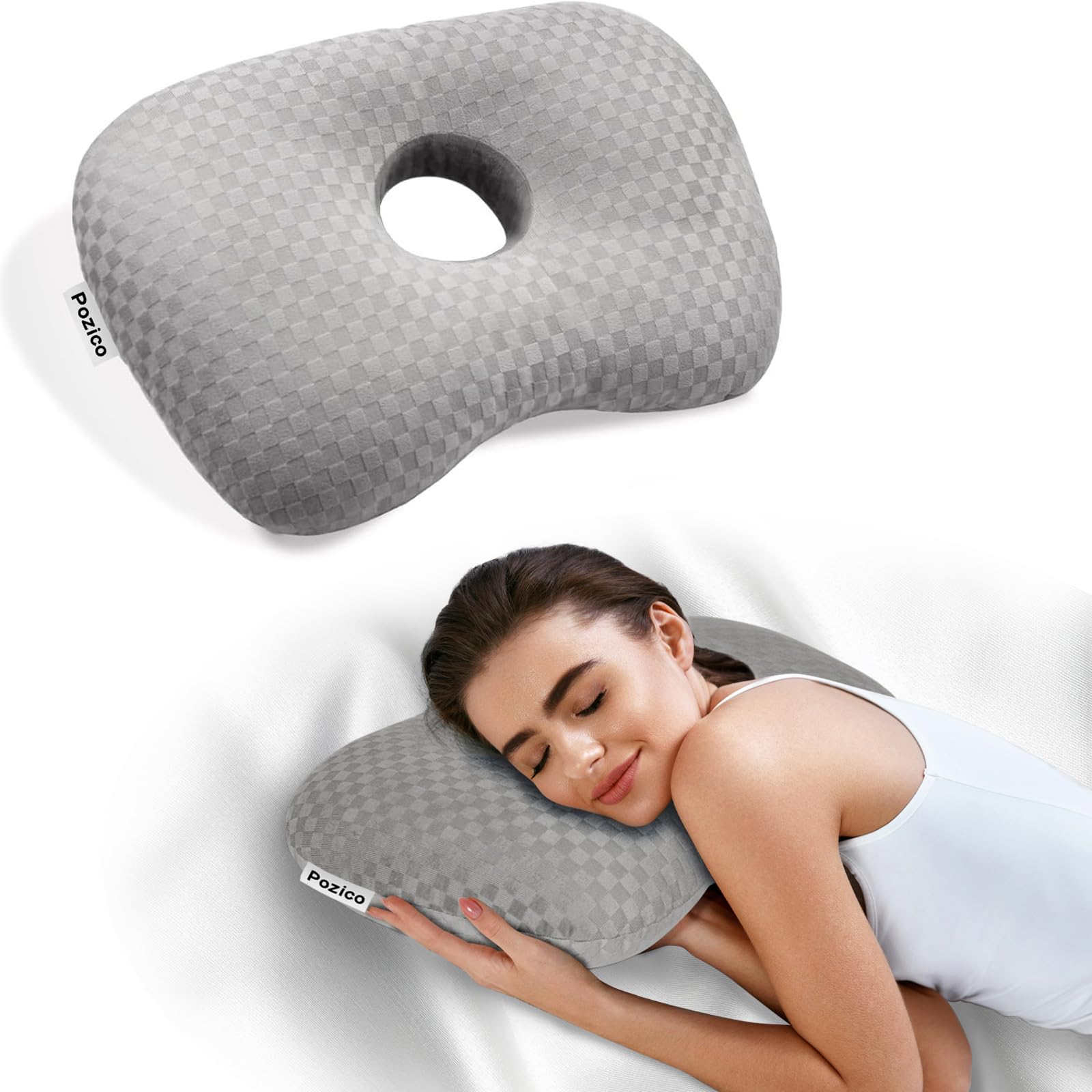 Pozico Gray Ear Piercing Pillow With An Ear Hole For Ear Pain And Side Sleepers (Gray)