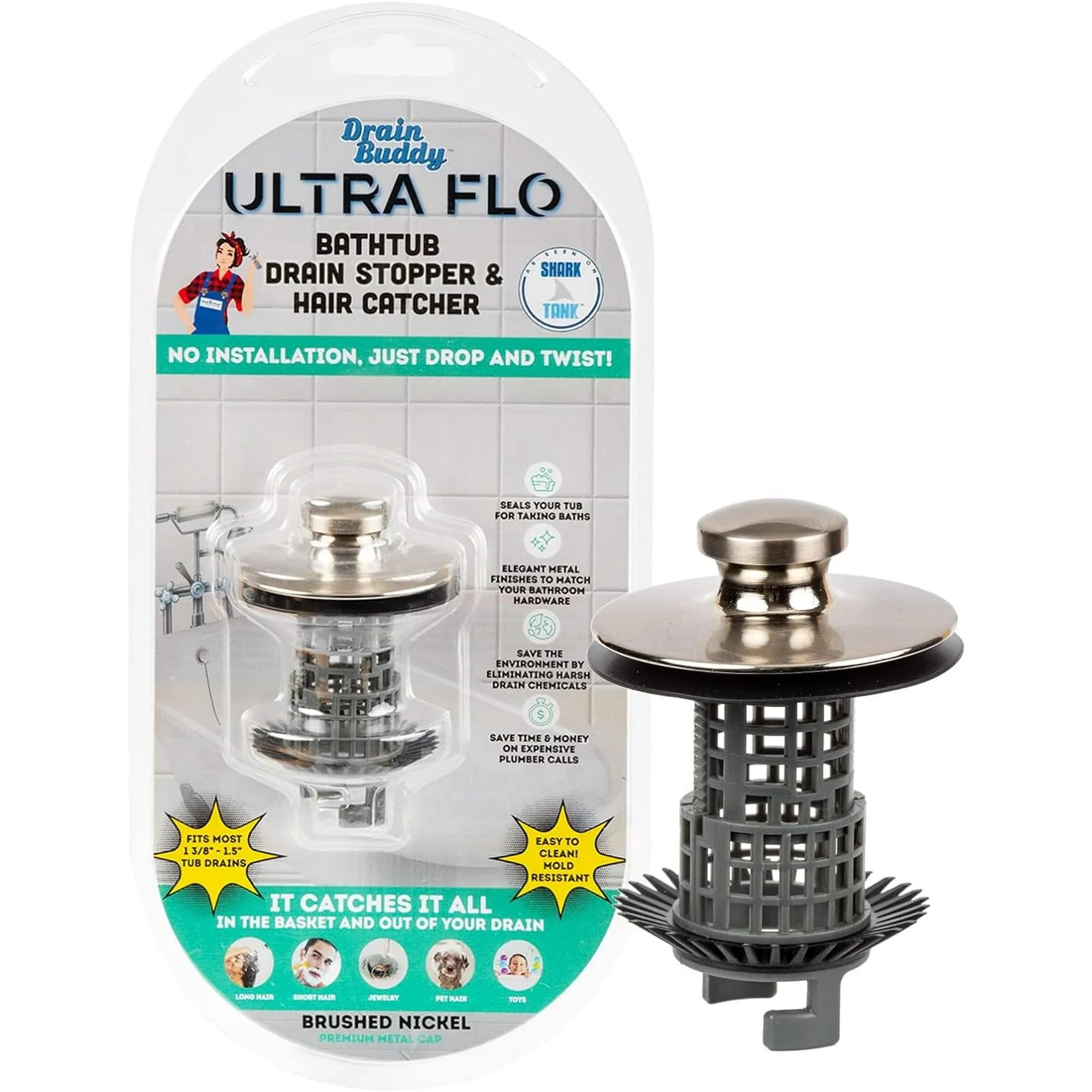 Drain Buddy Ultra Flo bez instalacji korek odpływowy do wanny 2 w 1 zapobiega zatykaniu i łapacz włosów do wanien 1 3/20.3 cm do 3.8 cm i zlewozmywaków użytkowych szczotkowany olejem niklowo-metalowa