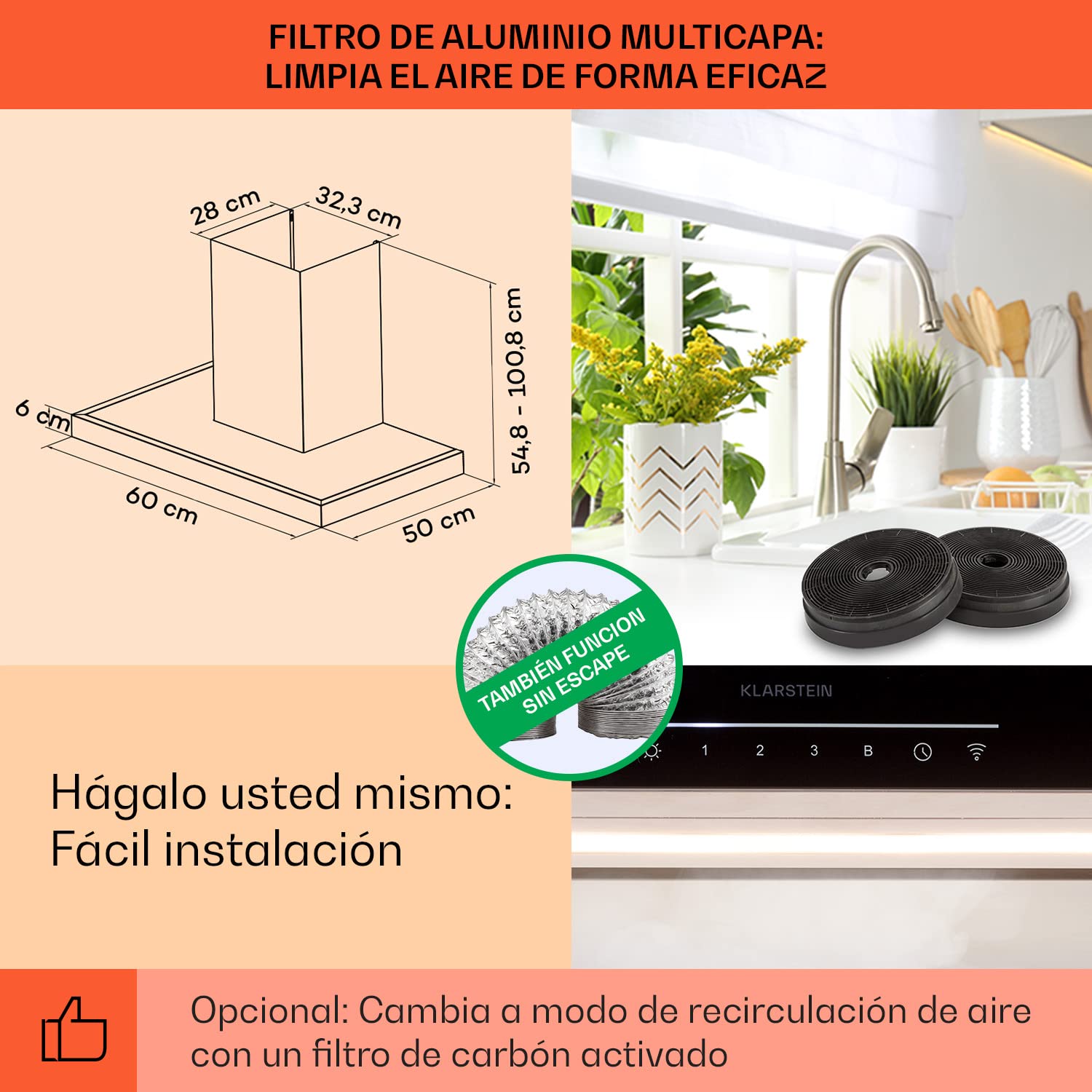 Klarstein Campana Extractora Pared para Cocina, Extractor Cocina con Filtro Aluminio Anti Grasa, Apto Lavavajillas, Flujo de Aire 577m³/h, Campanas Extractoras Techo con Luces LED y Panel Táctil