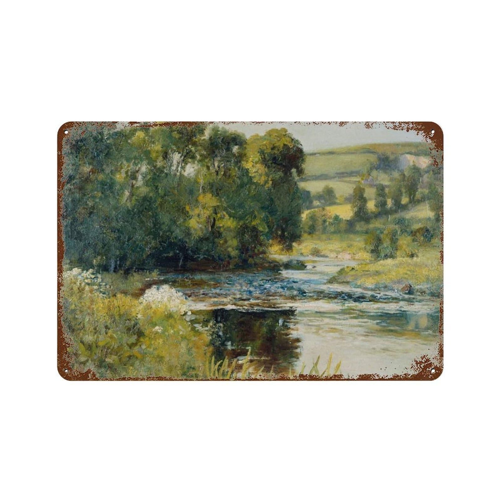xiaoxiaoshen Vintage River Landscape Muted Pastel Country Painting Wall Decor Art Metal Tin Poster Modern Home Decor Art Home Bar Shop Decorations Vintage Sign 20x30cm